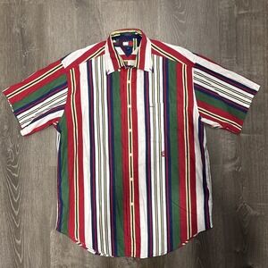 Vintage Tommy Hilfiger Shirt Mens Medium Linen Striped Button Up Short Sleeve